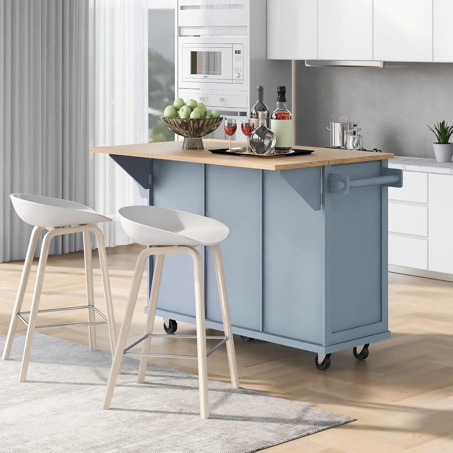 Rolling Kitchen Island Cart on Wheels with Drop-Leaf Cabinet Door Internal Storage Rack, 3 Drawers for Kitchen, Dining Room, Living Room, Home Bar, Bathroom 53.1"W*29.5"D*37.2"H Grey Blue