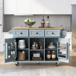 Rolling Kitchen Island Cart on Wheels with Drop-Leaf Cabinet Door Internal Storage Rack, 3 Drawers for Kitchen, Dining Room, Living Room, Home Bar, Bathroom 53.1"W*29.5"D*37.2"H Grey Blue