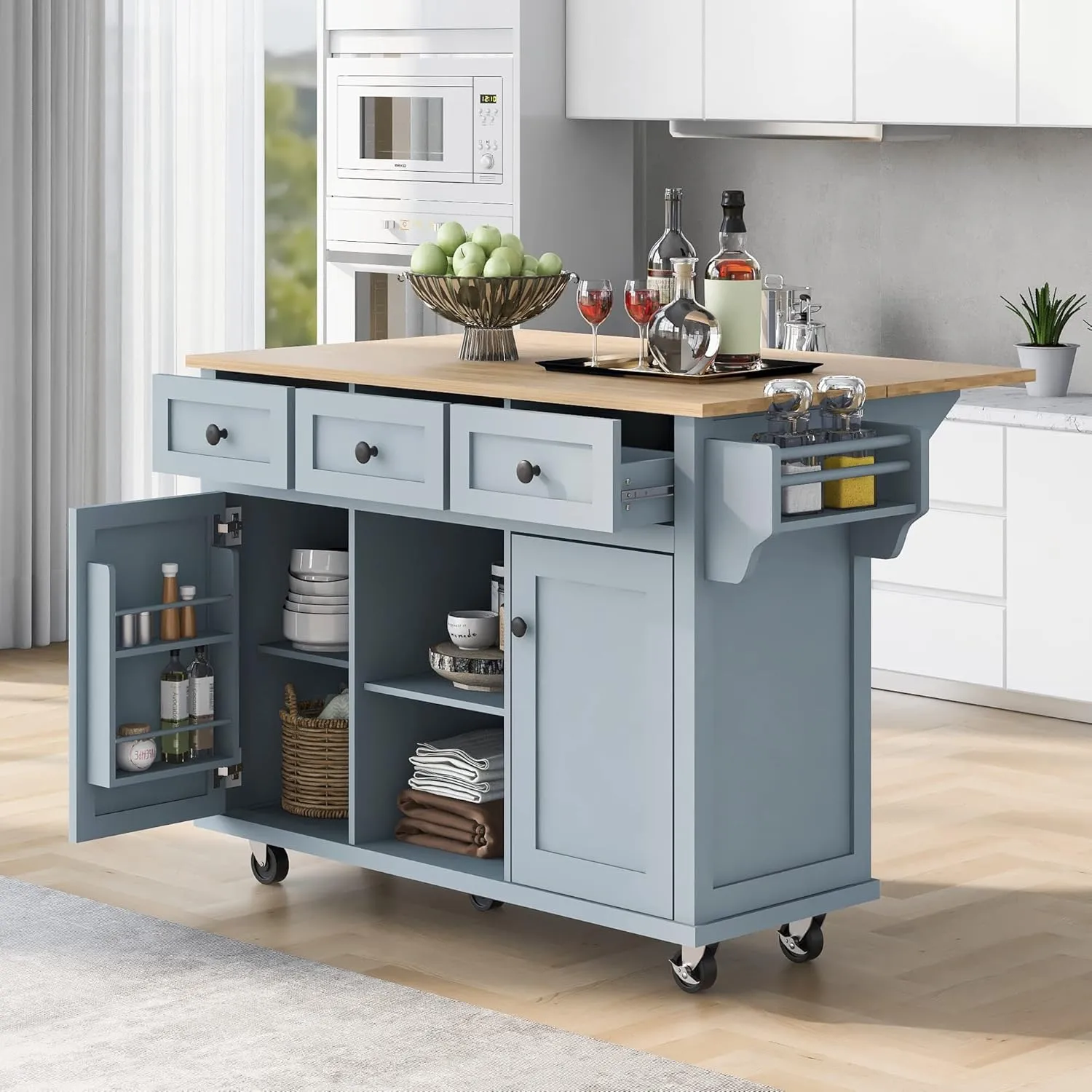 Rolling Kitchen Island Cart on Wheels with Drop-Leaf Cabinet Door Internal Storage Rack, 3 Drawers for Kitchen, Dining Room, Living Room, Home Bar, Bathroom 53.1"W*29.5"D*37.2"H Grey Blue