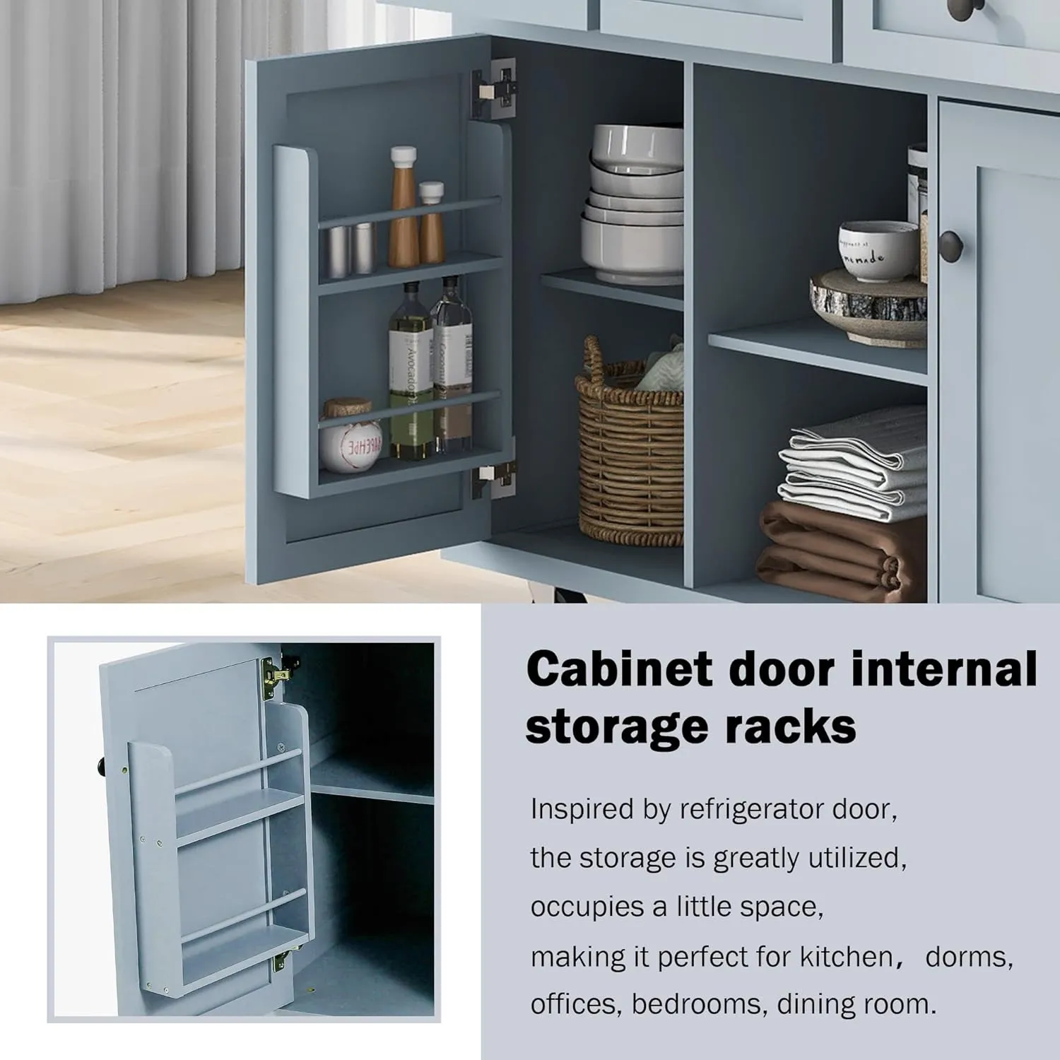 Rolling Kitchen Island Cart on Wheels with Drop-Leaf Cabinet Door Internal Storage Rack, 3 Drawers for Kitchen, Dining Room, Living Room, Home Bar, Bathroom 53.1"W*29.5"D*37.2"H Grey Blue