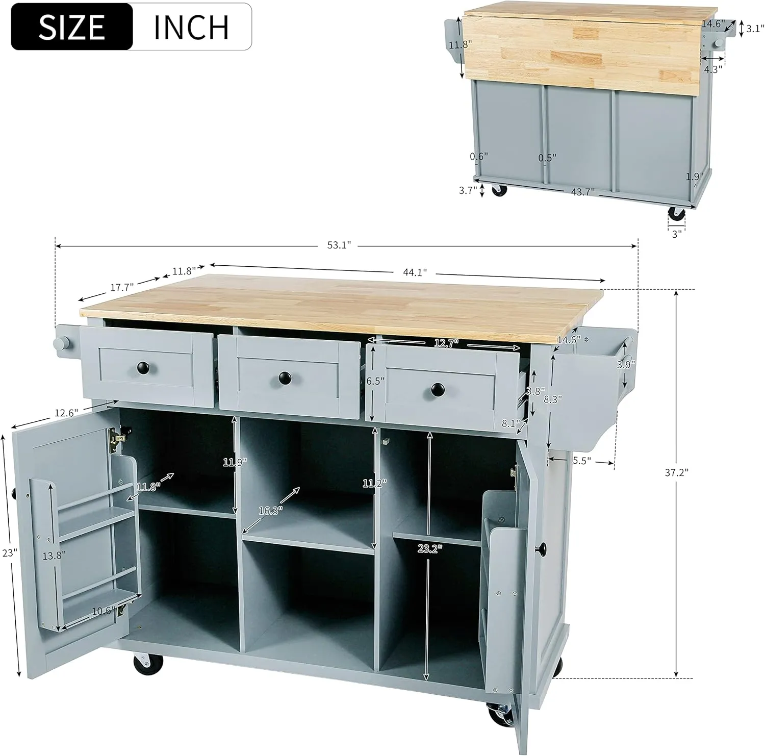 Rolling Kitchen Island Cart on Wheels with Drop-Leaf Cabinet Door Internal Storage Rack, 3 Drawers for Kitchen, Dining Room, Living Room, Home Bar, Bathroom 53.1"W*29.5"D*37.2"H Grey Blue