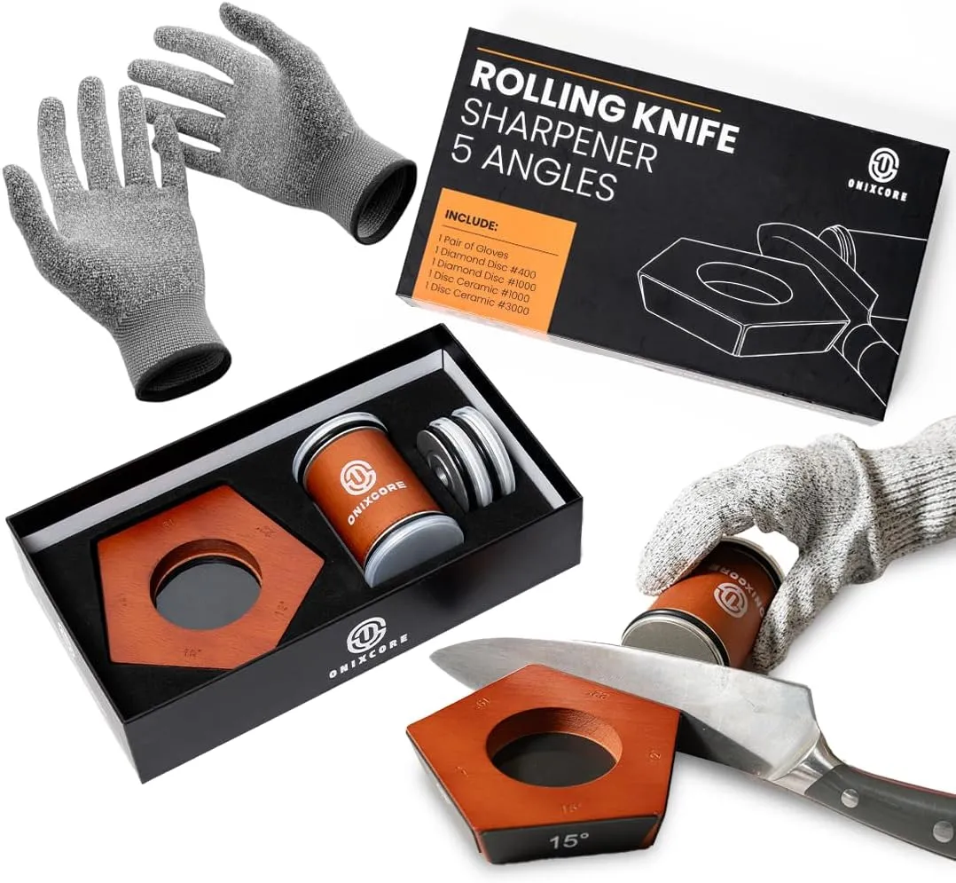 Rolling Knife Sharpener 5 Angles (12,15,17,19,22°) - 5 Sided Rolling Knife Sharpener with Extra Replacement Discs & Gloves - Knife Sharpening Kit - Rolling Sharpener for Knives