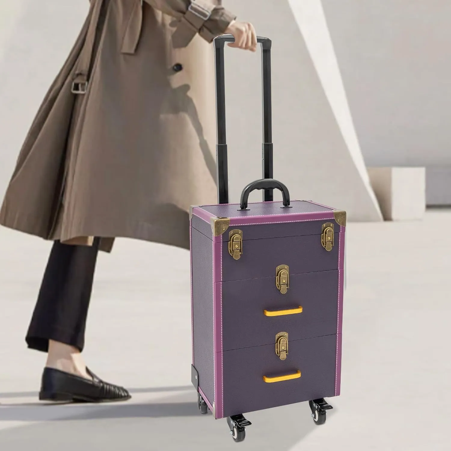 Rolling Makeup Case,3 Layers Make-up Storage on Wheels,Artist Travel Box with 4 Universal Wheels,88.2Lbs Weight Bearing Capacity,for Manicurist Artist(Copper Lock Purple)