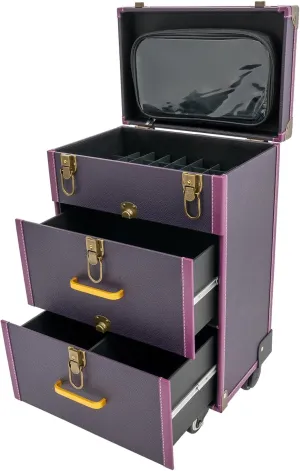 Rolling Makeup Case,3 Layers Make-up Storage on Wheels,Artist Travel Box with 4 Universal Wheels,88.2Lbs Weight Bearing Capacity,for Manicurist Artist(Copper Lock Purple)