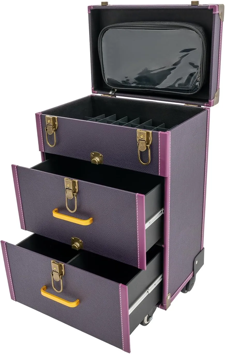 Rolling Makeup Case,3 Layers Make-up Storage on Wheels,Artist Travel Box with 4 Universal Wheels,88.2Lbs Weight Bearing Capacity,for Manicurist Artist(Copper Lock Purple)