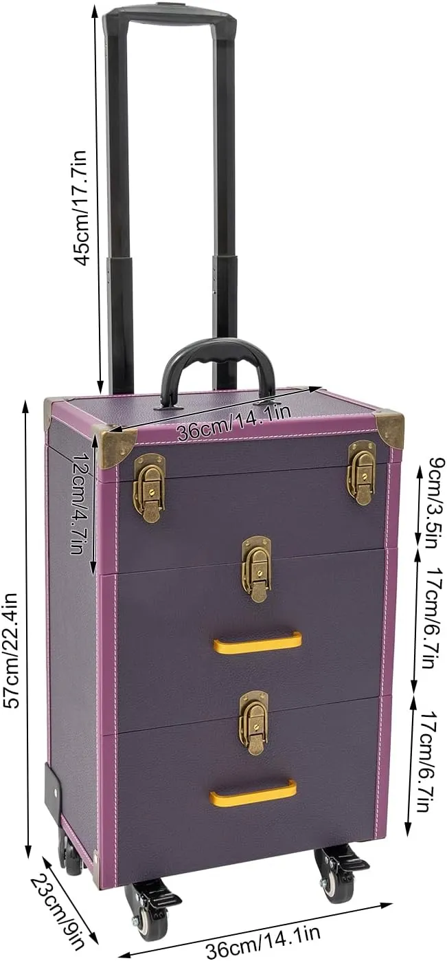 Rolling Makeup Case,3 Layers Make-up Storage on Wheels,Artist Travel Box with 4 Universal Wheels,88.2Lbs Weight Bearing Capacity,for Manicurist Artist(Copper Lock Purple)