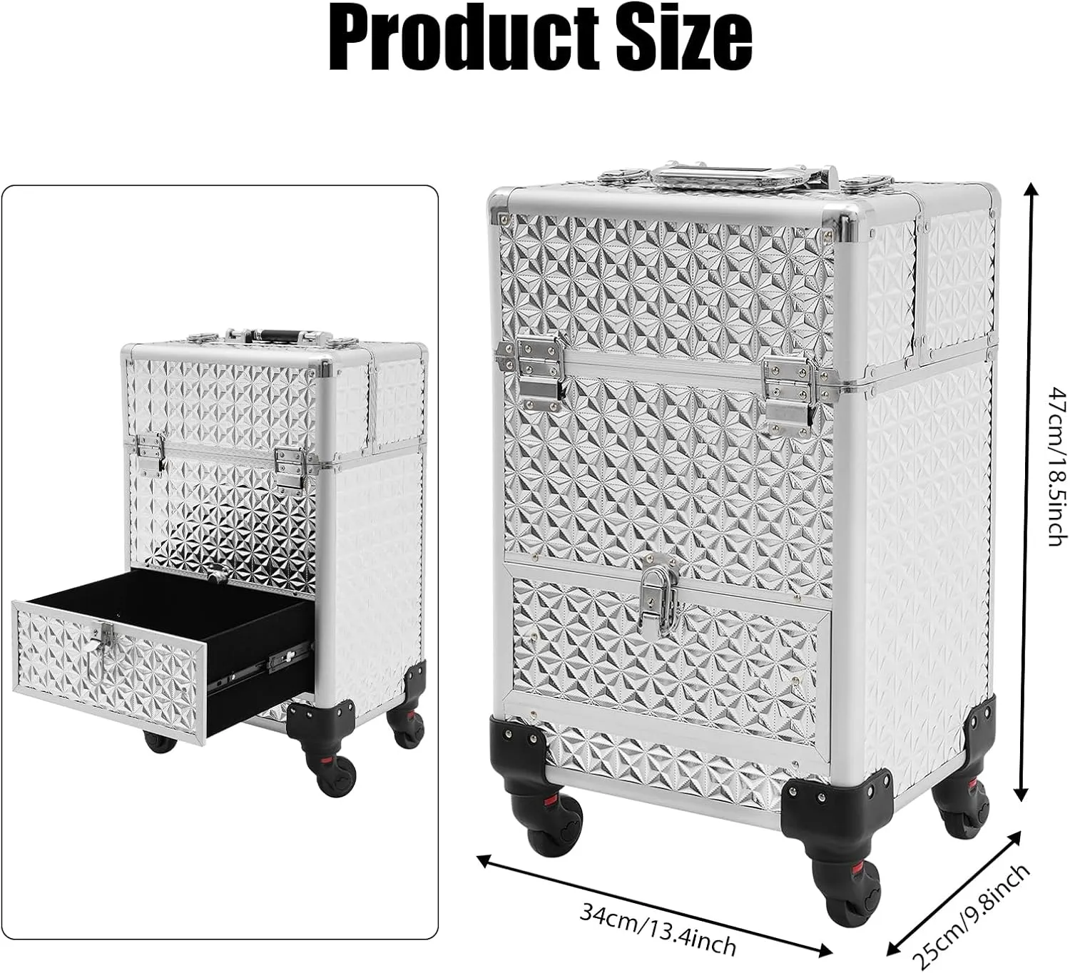 Rolling Makeup Train Case Aluminum Cosmetic Case Beauty Organizer Large Capacity Salon Barber Case Traveling Cart Trunk