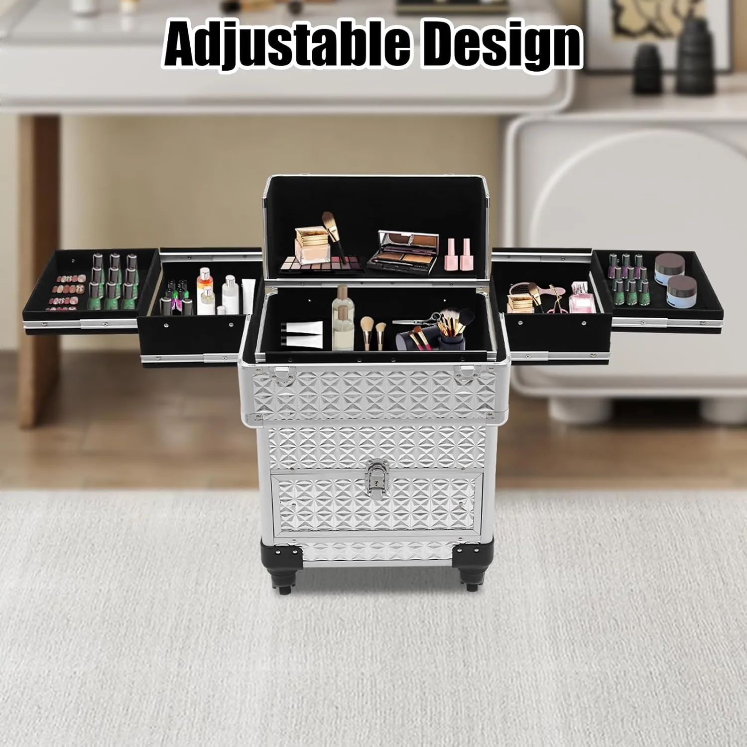 Rolling Makeup Train Case Aluminum Cosmetic Case Beauty Organizer Large Capacity Salon Barber Case Traveling Cart Trunk