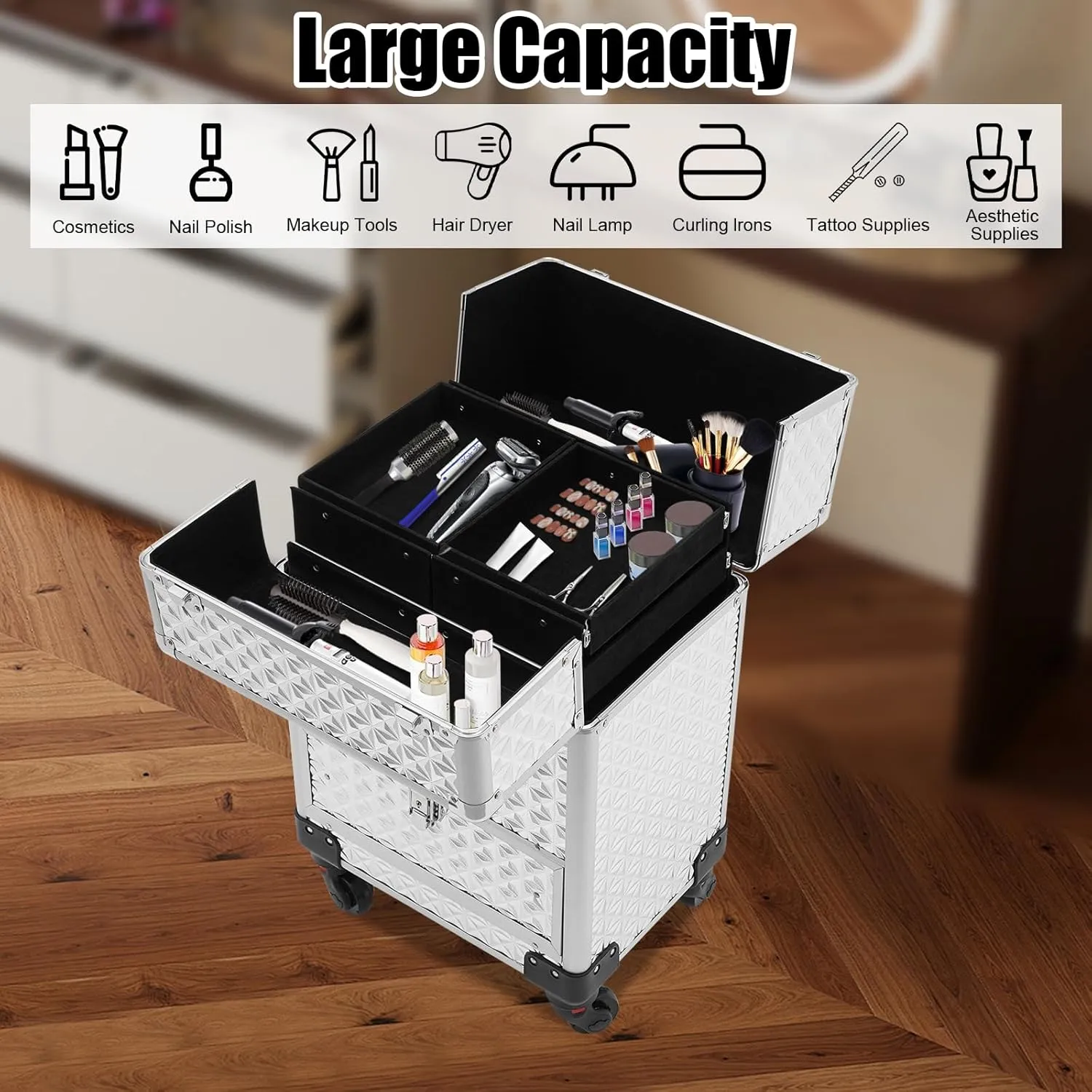 Rolling Makeup Train Case Aluminum Cosmetic Case Beauty Organizer Large Capacity Salon Barber Case Traveling Cart Trunk