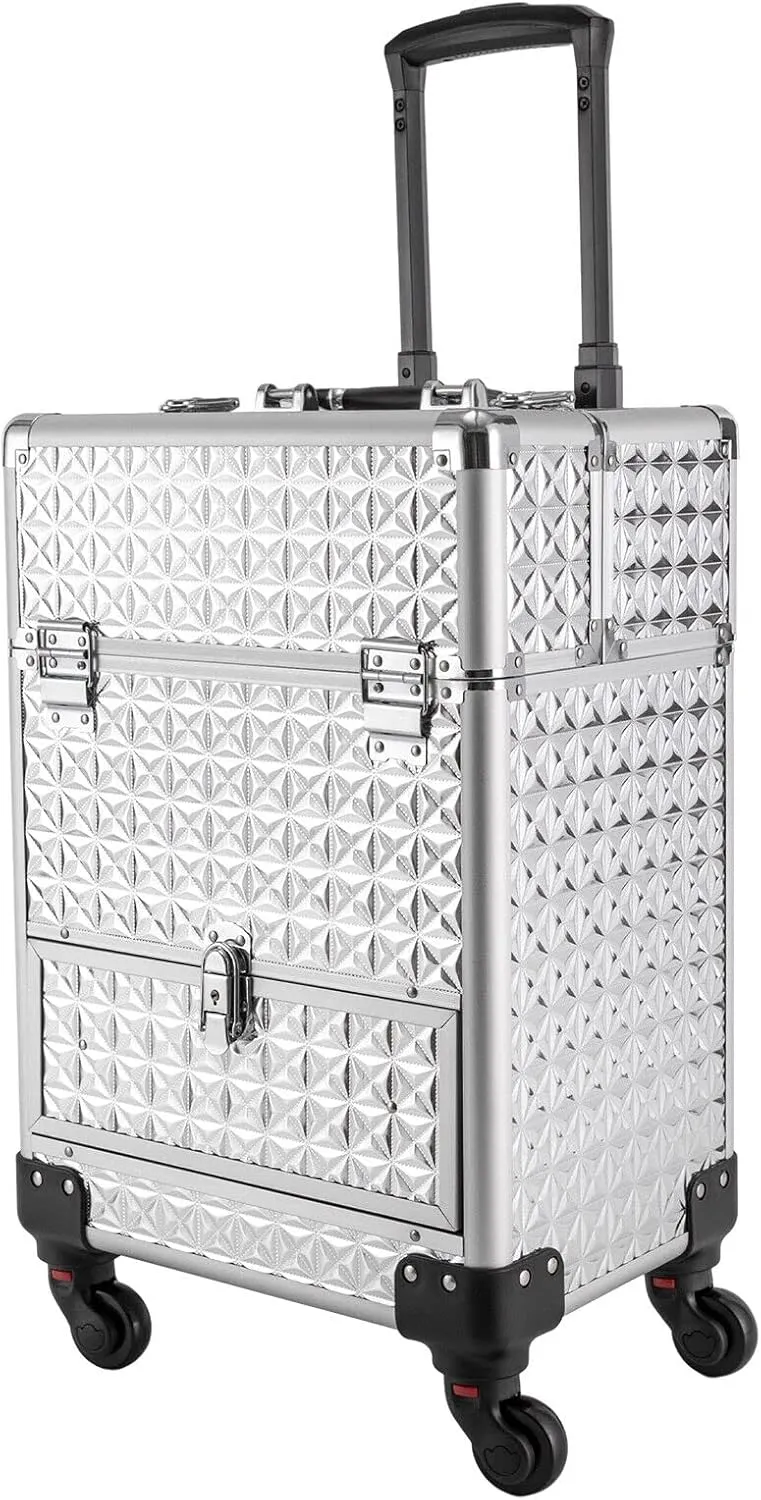 Rolling Makeup Train Case Aluminum Cosmetic Case Beauty Organizer Large Capacity Salon Barber Case Traveling Cart Trunk