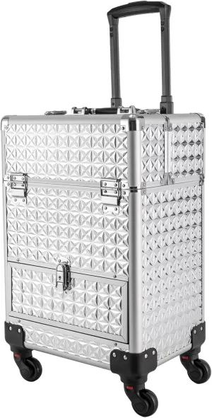 Rolling Makeup Train Case Aluminum Cosmetic Case Beauty Organizer Large Capacity Salon Barber Case Traveling Cart Trunk