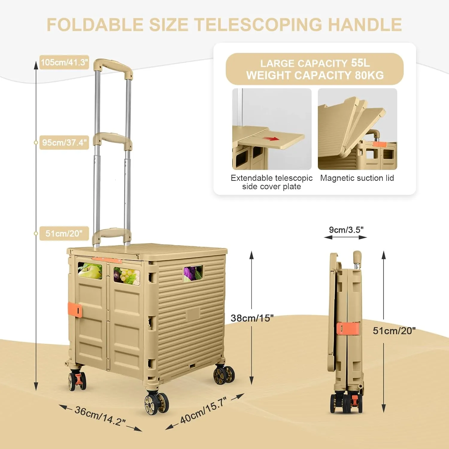 Rolling Shopping Cart with Wheels,Folding Utility Cart for Grocery,Durable Heavy Duty Collapsible Crate Rubber Tool Box with Magnetic Lid/Telescopic Cover for Office/Teachers Tote Basket/Travel