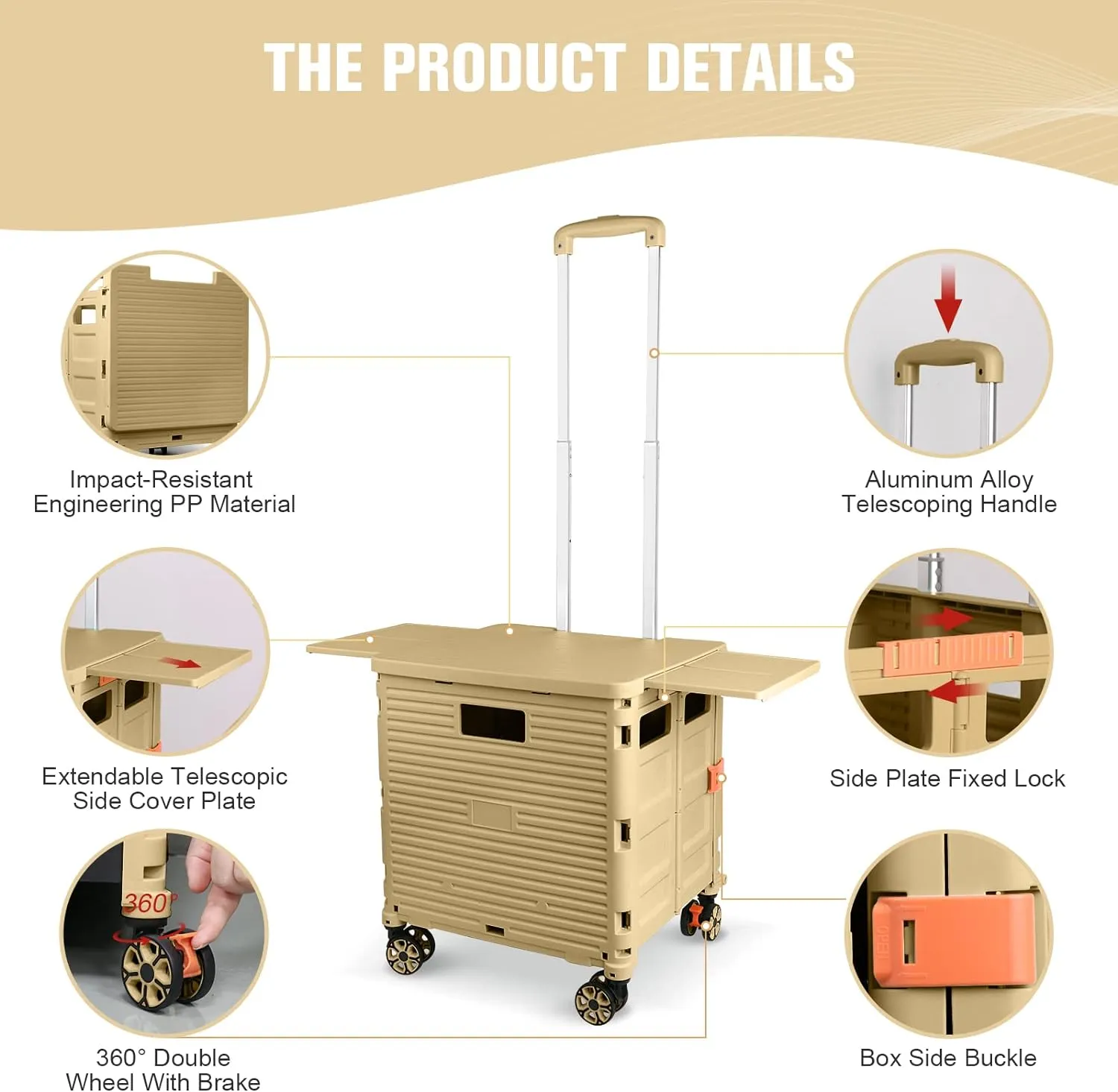 Rolling Shopping Cart with Wheels,Folding Utility Cart for Grocery,Durable Heavy Duty Collapsible Crate Rubber Tool Box with Magnetic Lid/Telescopic Cover for Office/Teachers Tote Basket/Travel