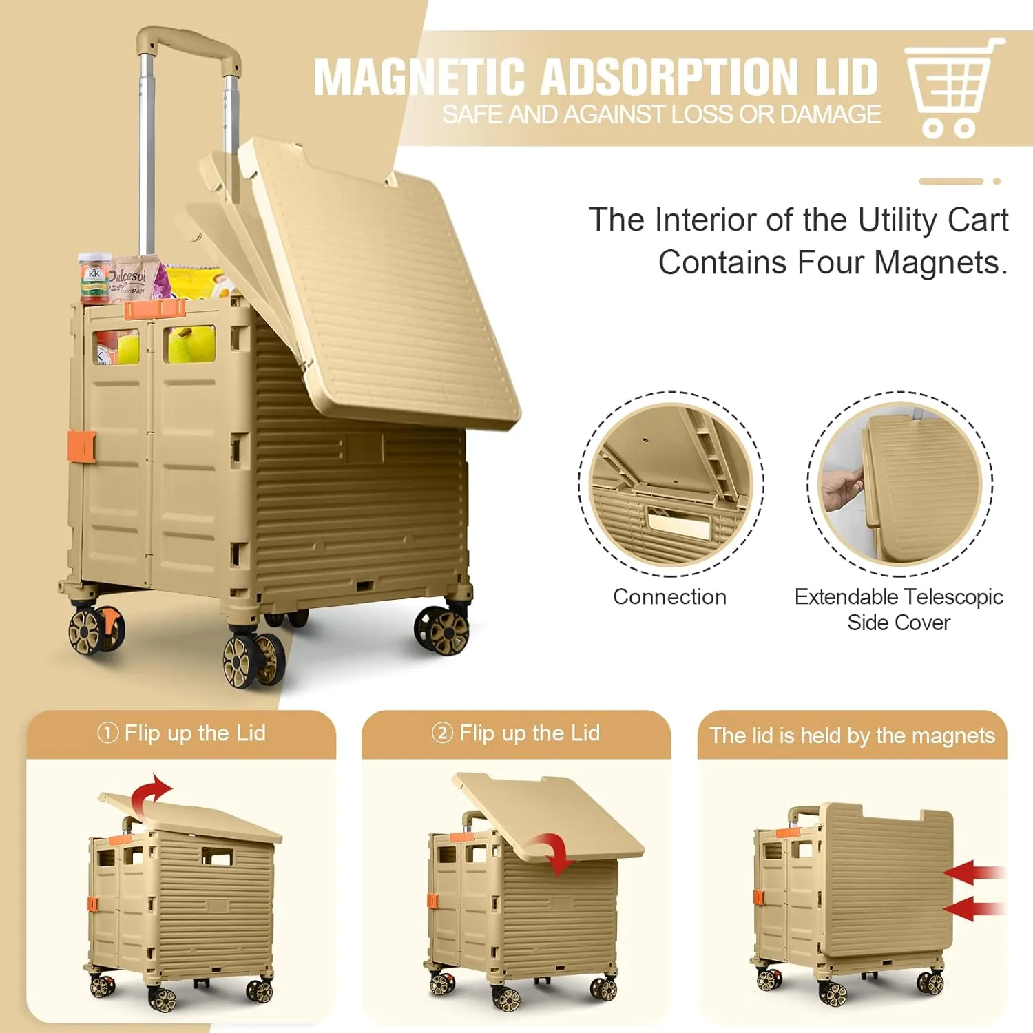 Rolling Shopping Cart with Wheels,Folding Utility Cart for Grocery,Durable Heavy Duty Collapsible Crate Rubber Tool Box with Magnetic Lid/Telescopic Cover for Office/Teachers Tote Basket/Travel