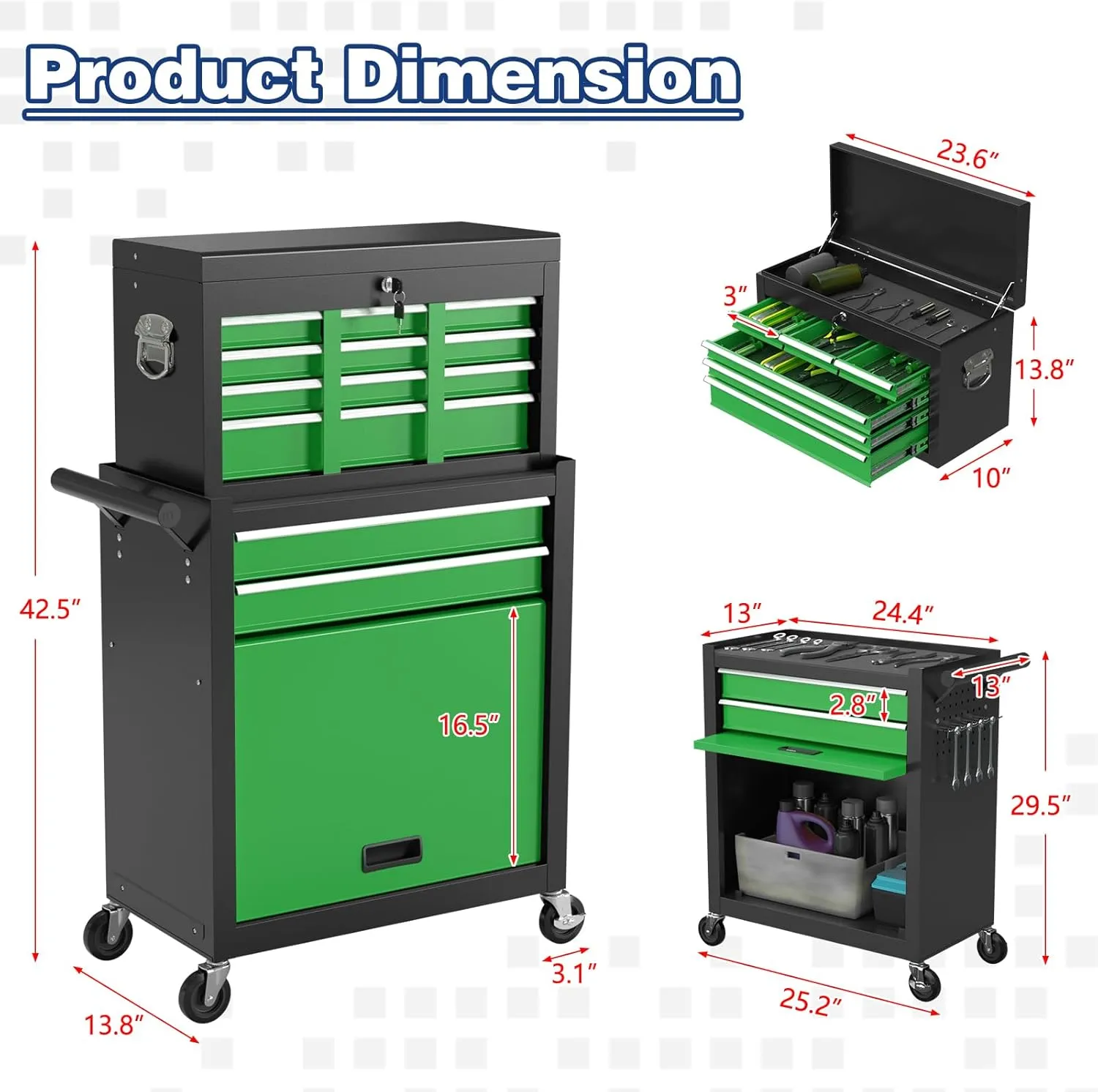 Rolling Tool Chest with Wheels, 8-Drawer High Capacity Tool Box with Wheels, Removable Storage Toolbox with Lock for Garage, Workshop