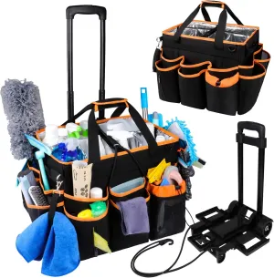 Rolling Tote Bag with Detachable Trolley, Large Supplies Organizer Caddy with Wheels, Handle & Shoulder Strap, Portable Cleaning Storage Case for Housekeepers (Black)