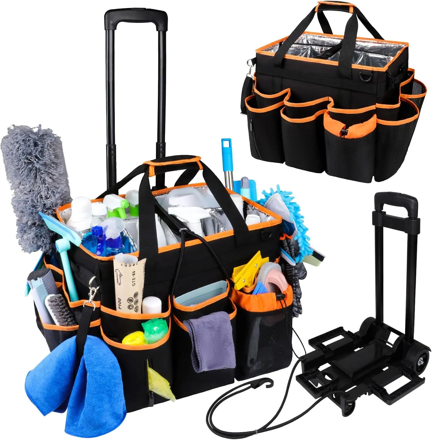 Rolling Tote Bag with Detachable Trolley, Large Supplies Organizer Caddy with Wheels, Handle & Shoulder Strap, Portable Cleaning Storage Case for Housekeepers (Black)