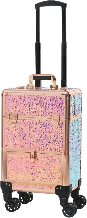 Rolling train case with drawer Makeup rolling Cosmetic organizer Makeup traveling case Makeup trolley (colorful with gold)