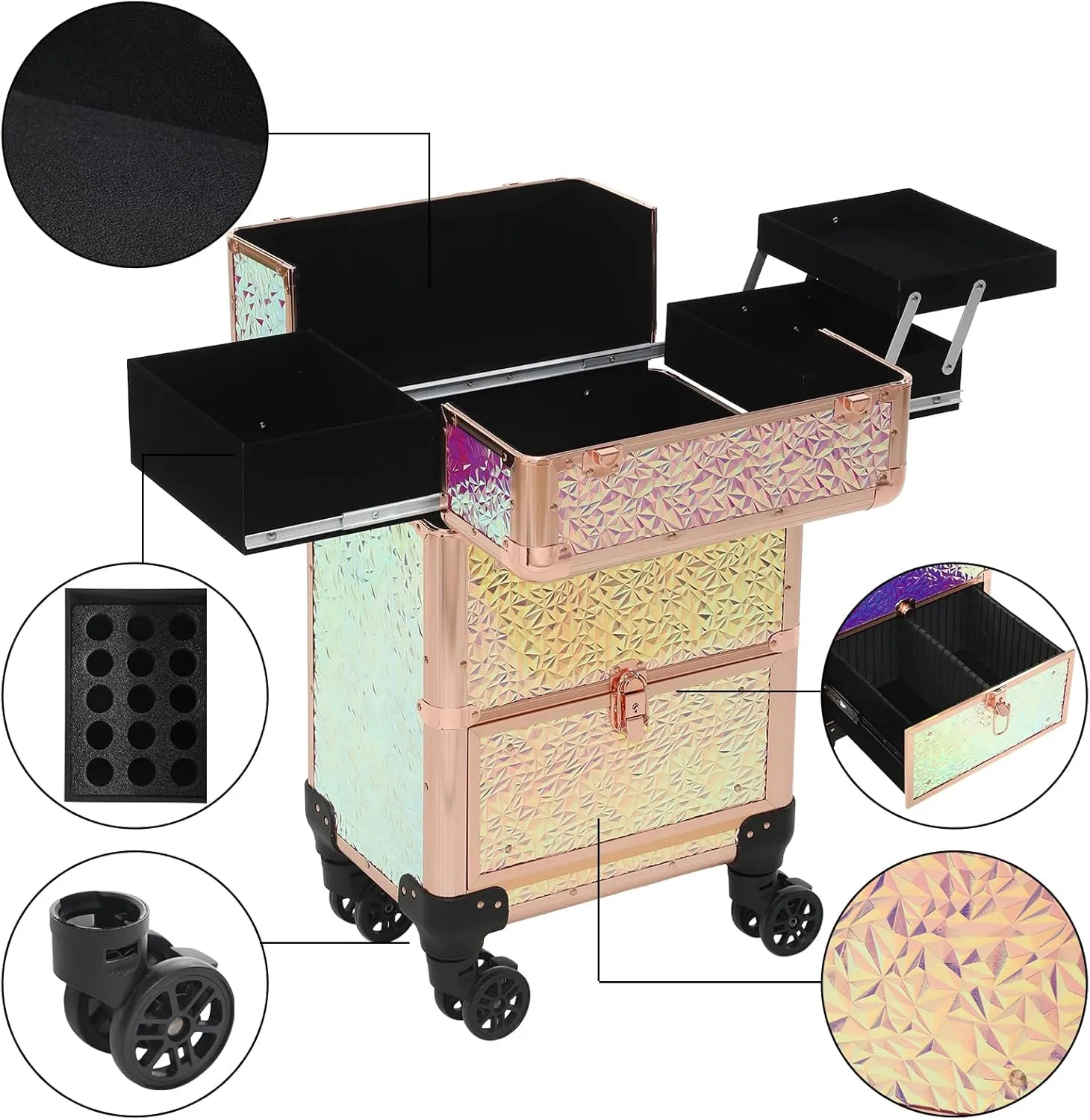Rolling train case with drawer Makeup rolling Cosmetic organizer Makeup traveling case Makeup trolley (colorful with gold)