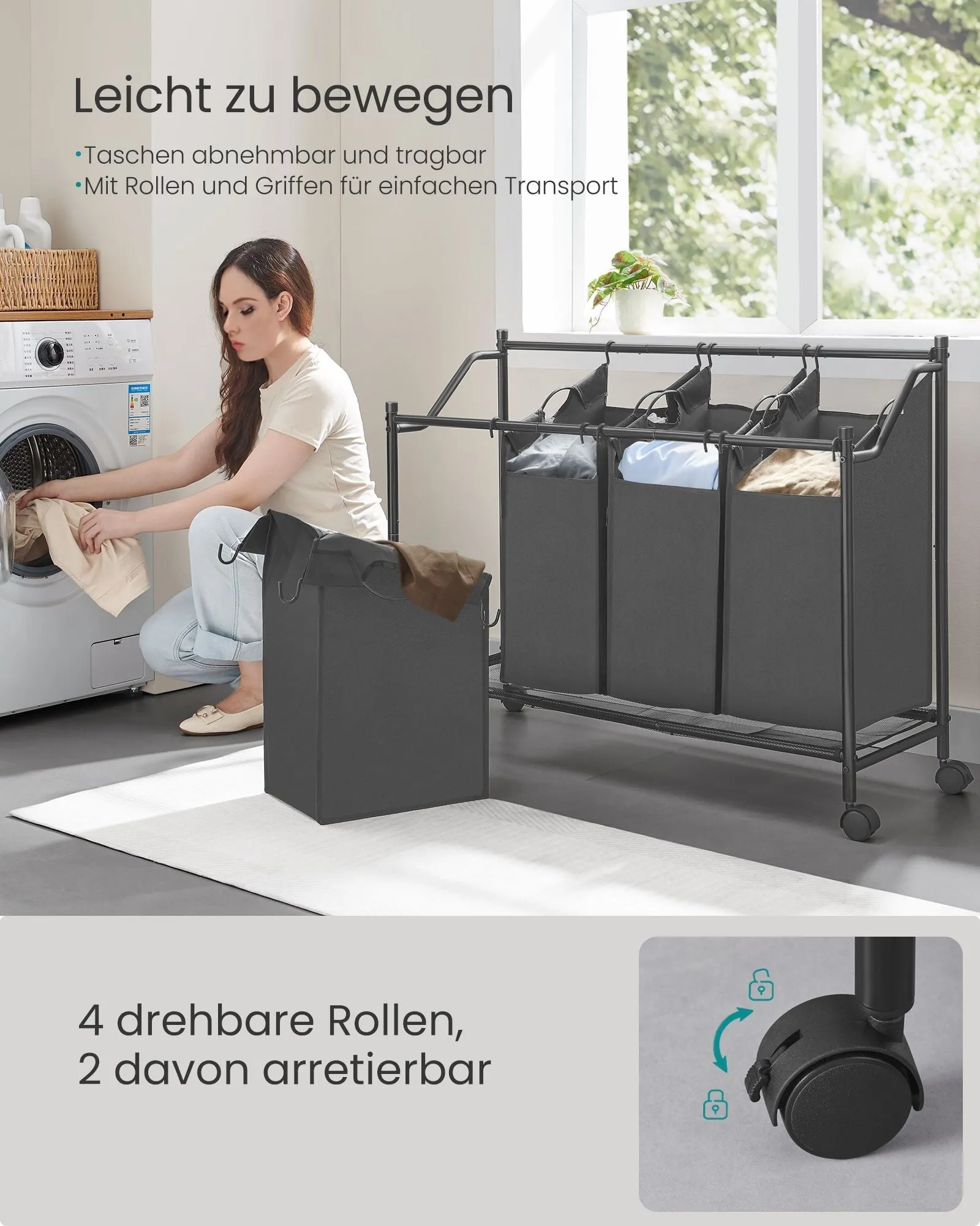 Rootz 4 Bag Laundry Sorter - Slate Grey - Heavy-Duty Metal Frame - Polyester Laundry Bags - Spacious - 105 x 38.5 x 81 cm