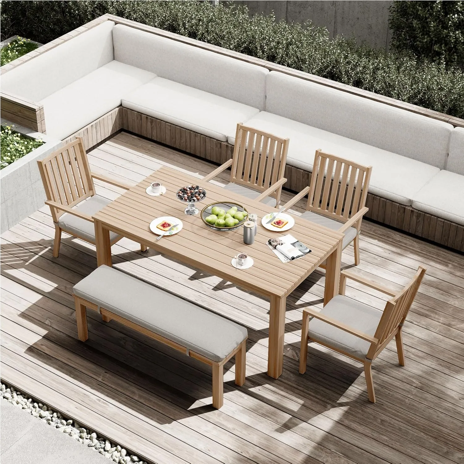 RoyalCraft Aluminum Patio Outdoor Dining Set for 6, Patio Table and Chairs Set with Bench, Removable Cushion for Lawn, Garden, Backyard, Brown