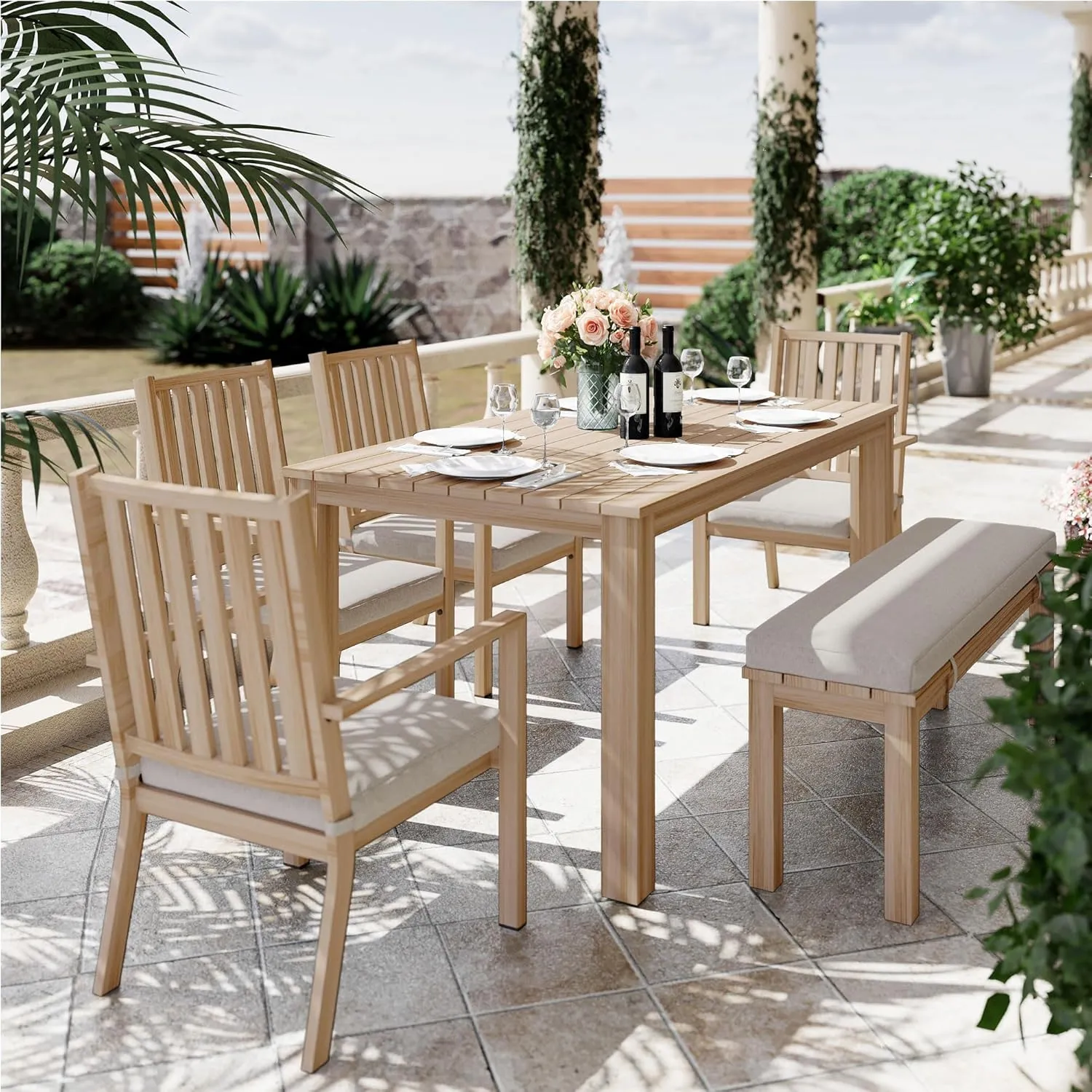 RoyalCraft Aluminum Patio Outdoor Dining Set for 6, Patio Table and Chairs Set with Bench, Removable Cushion for Lawn, Garden, Backyard, Brown