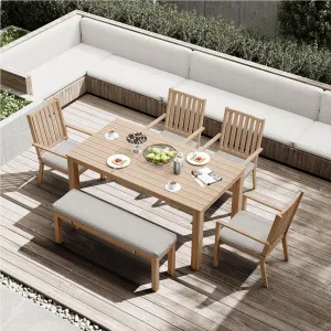 RoyalCraft Aluminum Patio Outdoor Dining Set for 6, Patio Table and Chairs Set with Bench, Removable Cushion for Lawn, Garden, Backyard, Brown
