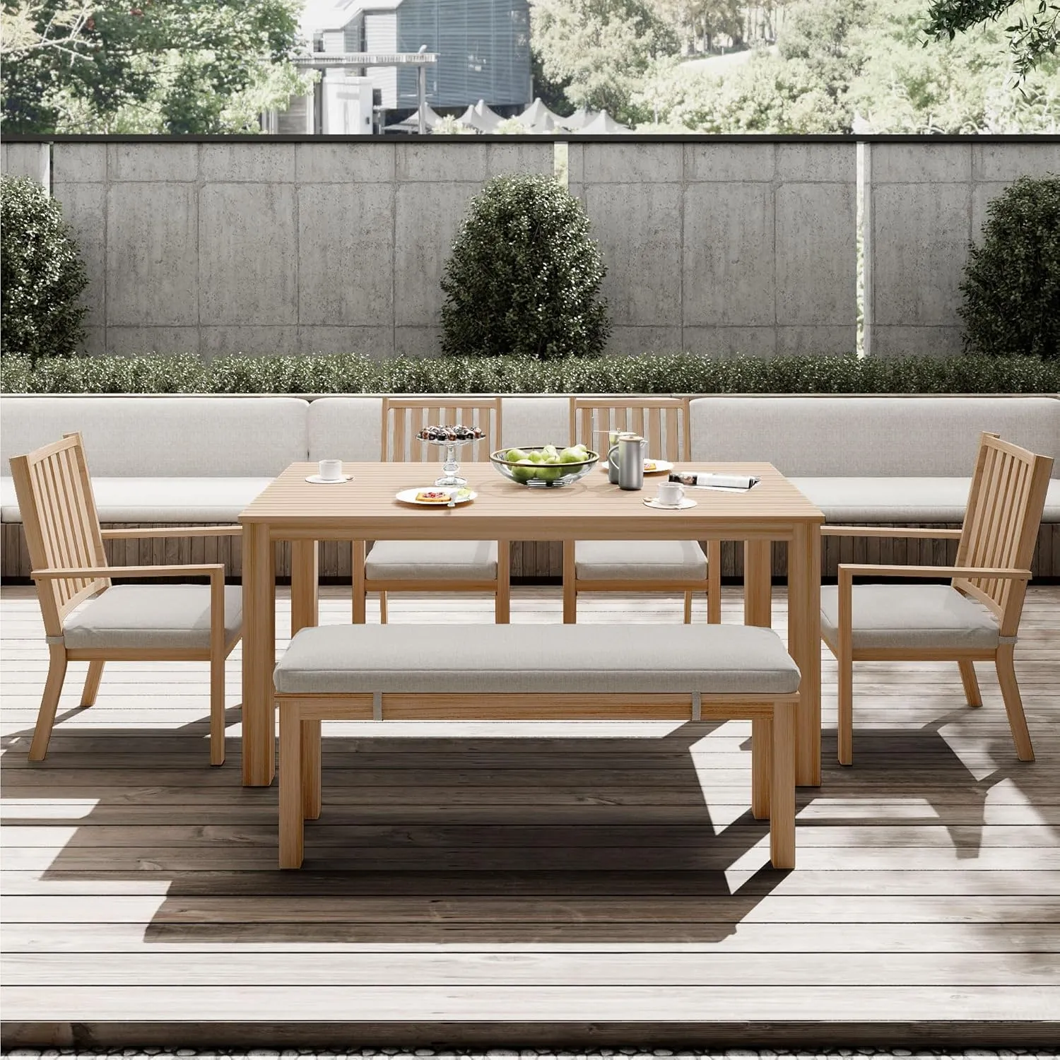 RoyalCraft Aluminum Patio Outdoor Dining Set for 6, Patio Table and Chairs Set with Bench, Removable Cushion for Lawn, Garden, Backyard, Brown