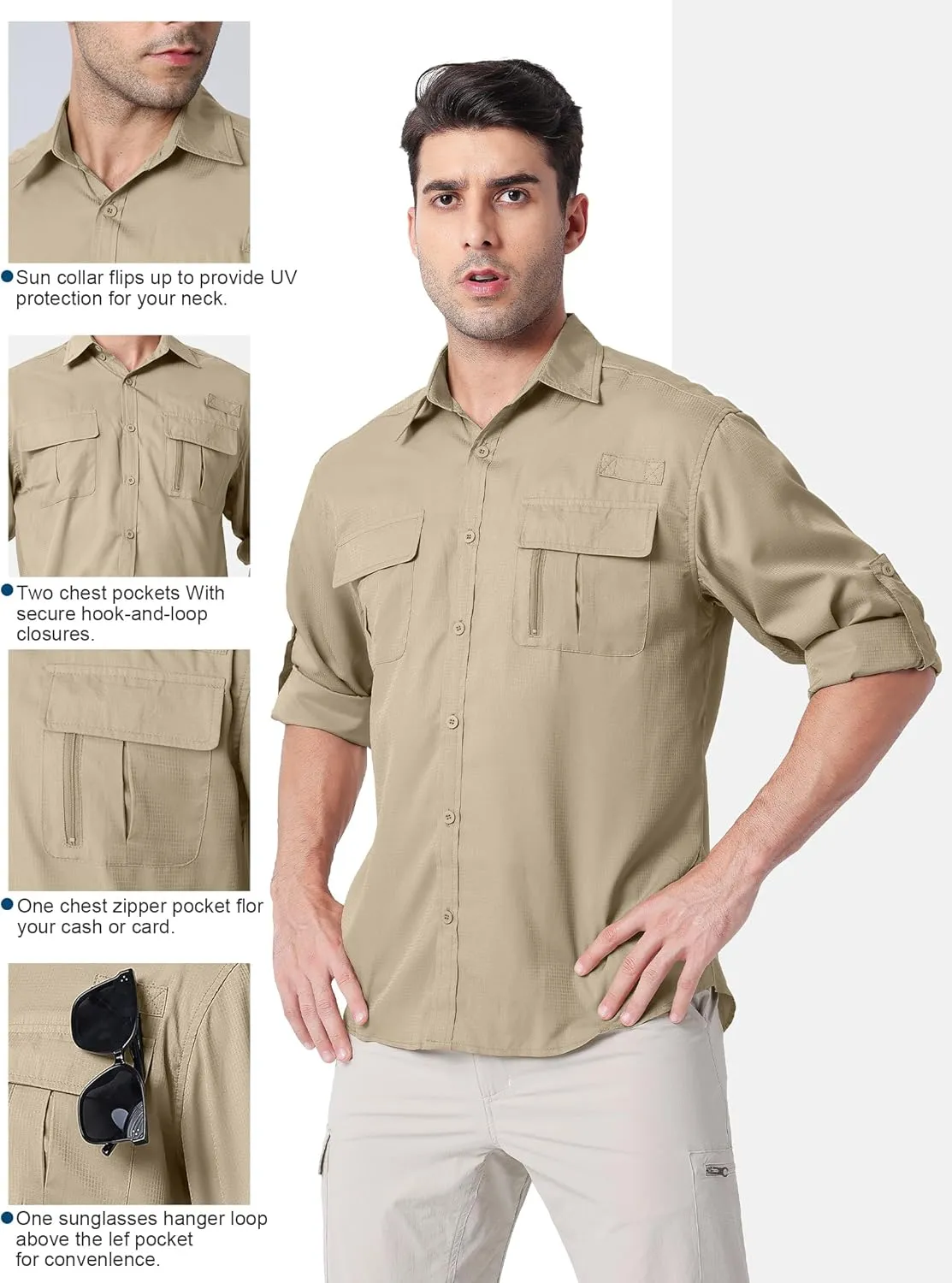 Safari Shirts for Men for Africa UV Sun Protection Lightweight Quick Dry Moisture Wicking for Hiking Fishing Travel Outdoor