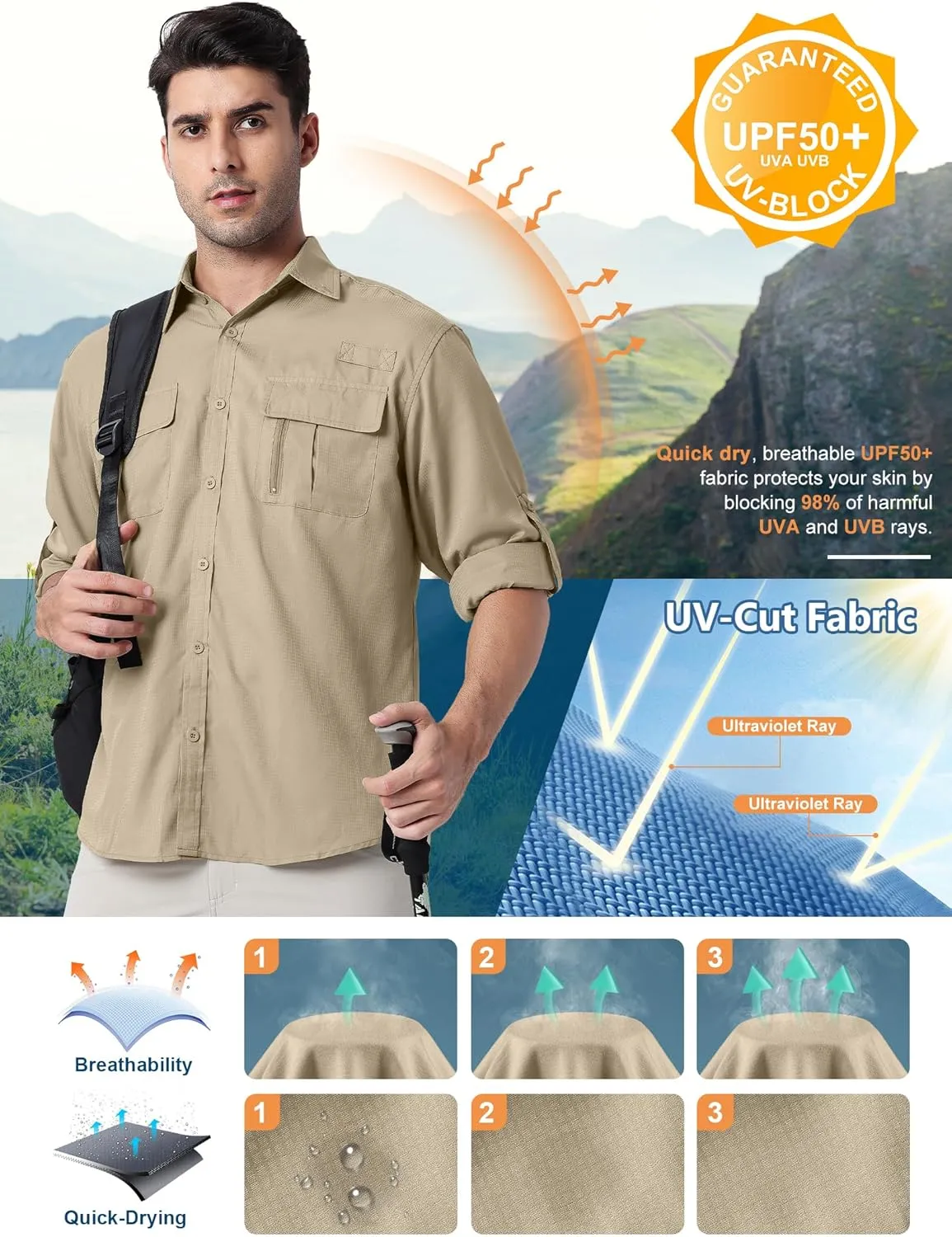 Safari Shirts for Men for Africa UV Sun Protection Lightweight Quick Dry Moisture Wicking for Hiking Fishing Travel Outdoor