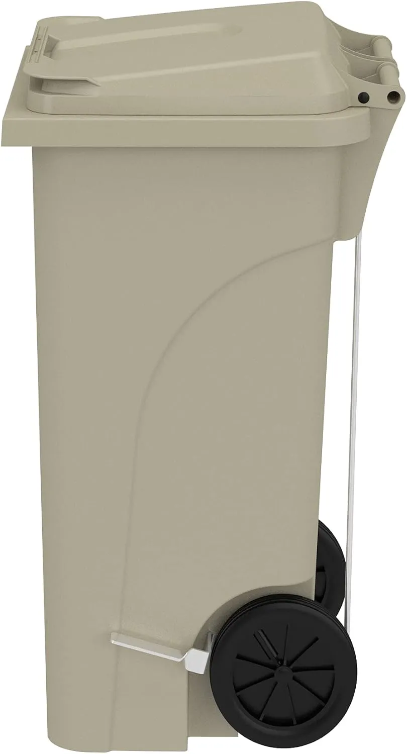 Safco 9926TN Rolling Mobile Plastic Step-On Trash Can for Hands-Free Disposal, Great for Home/Commercial Use, 32 Gallon, Tan