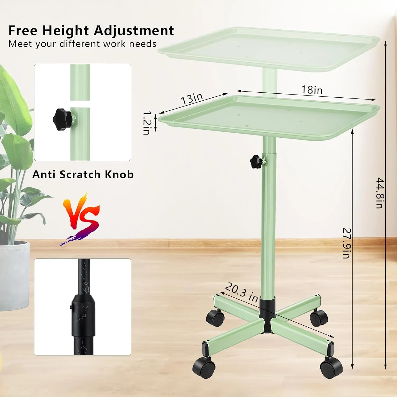 Salon Tray,Aluminum Tray Cart, Rolling Tray Adjustable Height,Tattoo Tray, Medical Tray,Dental Tray,Salon Color Tray,Spa Rolling Tray Storage Utility Cart,Green