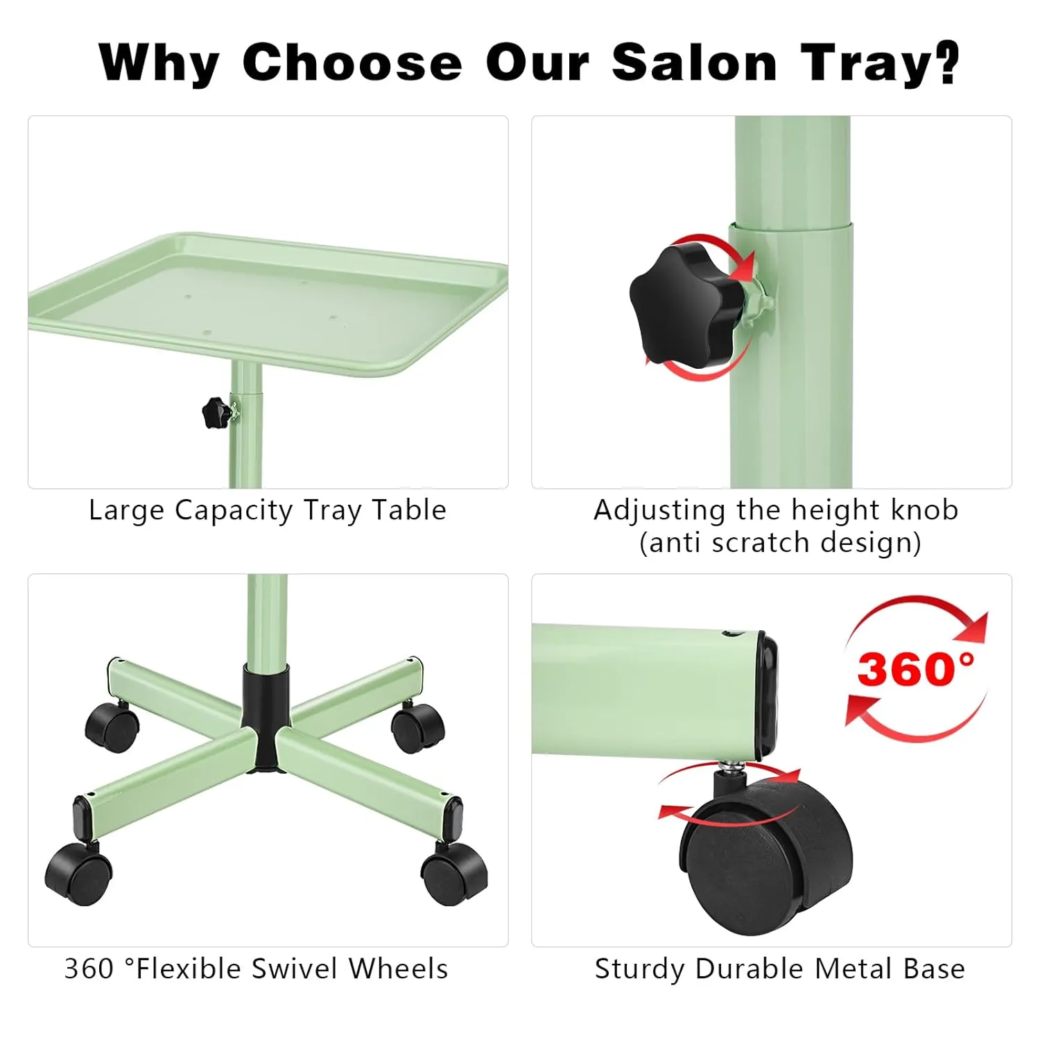 Salon Tray,Aluminum Tray Cart, Rolling Tray Adjustable Height,Tattoo Tray, Medical Tray,Dental Tray,Salon Color Tray,Spa Rolling Tray Storage Utility Cart,Green