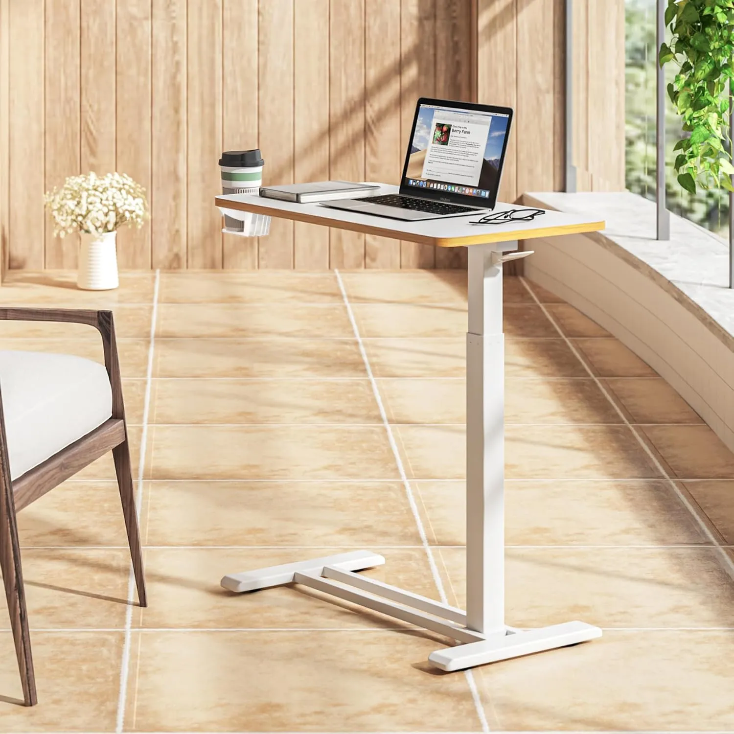 SANODESK Mobile Standing Desk with Hidden Wheels,Pneumatic Laptop Desk Rolling Computer Cart Movable Height Adjustable Small Sit Stand Desk for Home Office(27.6" W x 15.7" D, White Maple Band)