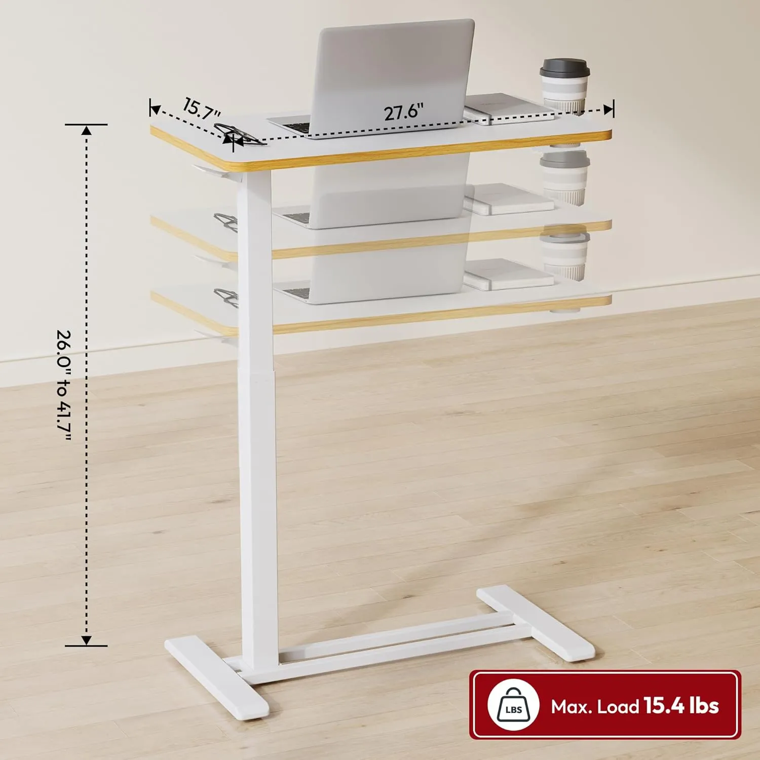 SANODESK Mobile Standing Desk with Hidden Wheels,Pneumatic Laptop Desk Rolling Computer Cart Movable Height Adjustable Small Sit Stand Desk for Home Office(27.6" W x 15.7" D, White Maple Band)