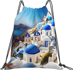 Santorini Greek Island sea View print Casual drawstring backpack, lightweight and portable, fit for daily, sports and travel