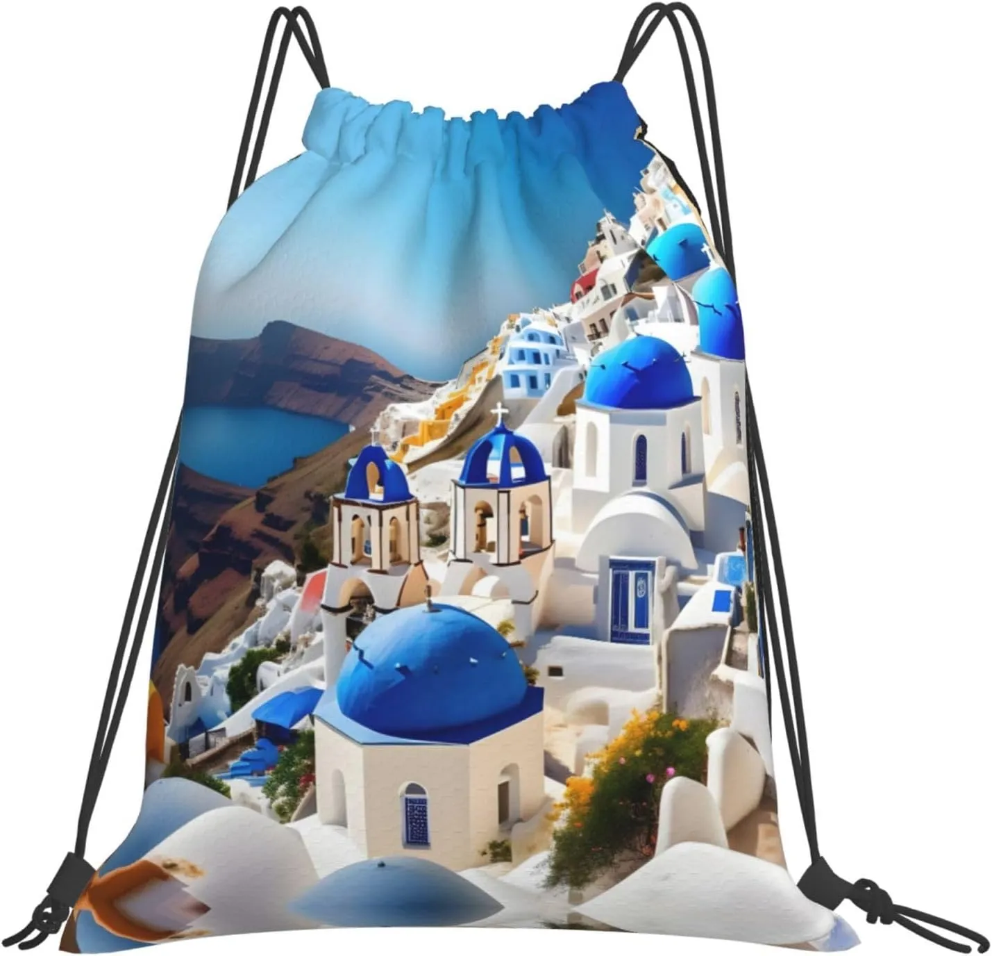 Santorini Greek Island sea View print Casual drawstring backpack, lightweight and portable, fit for daily, sports and travel