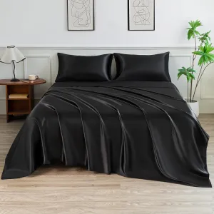 Satin Sheets Set,Soft Satin Bed Sheets King Size Set,4Pcs Luxury Silky Bedding Set with 15 Inches Deep Pocket for Mattress(King, Black)