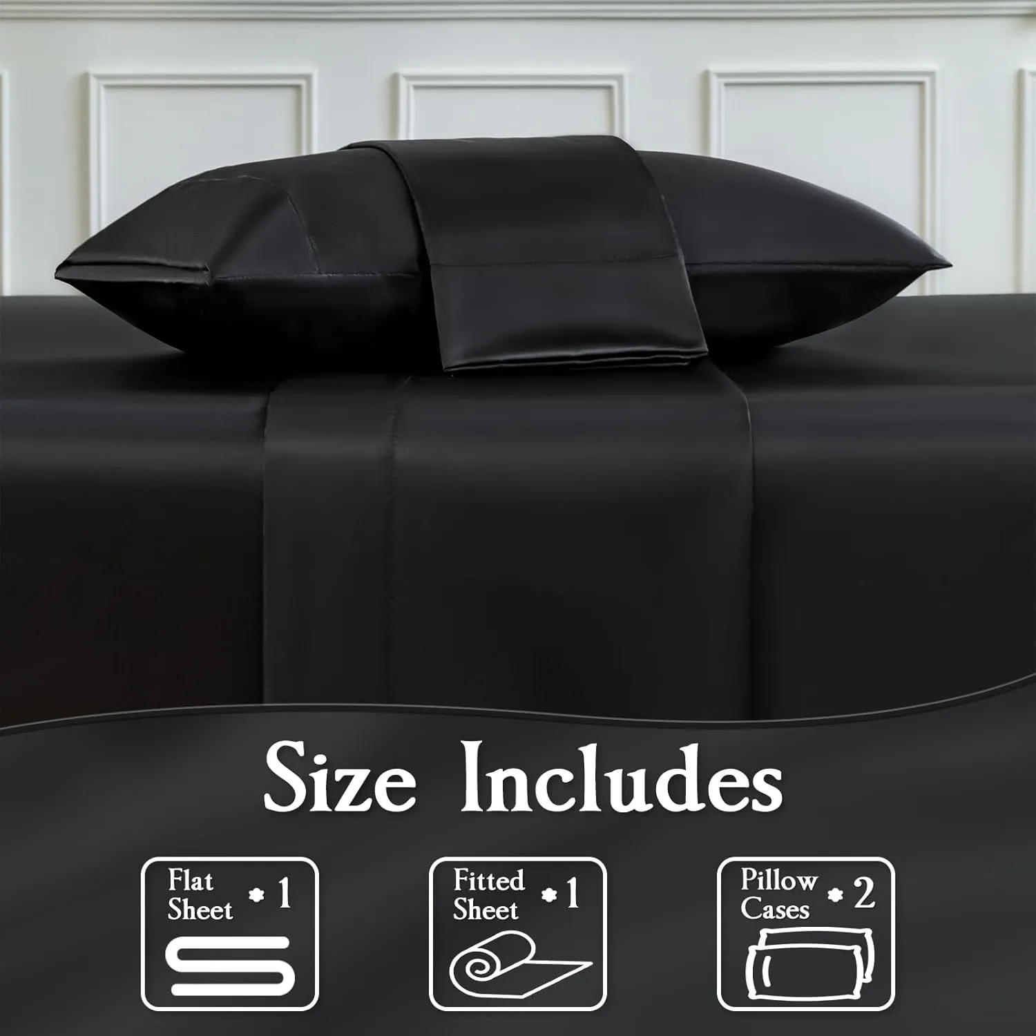 Satin Sheets Set,Soft Satin Bed Sheets King Size Set,4Pcs Luxury Silky Bedding Set with 15 Inches Deep Pocket for Mattress(King, Black)
