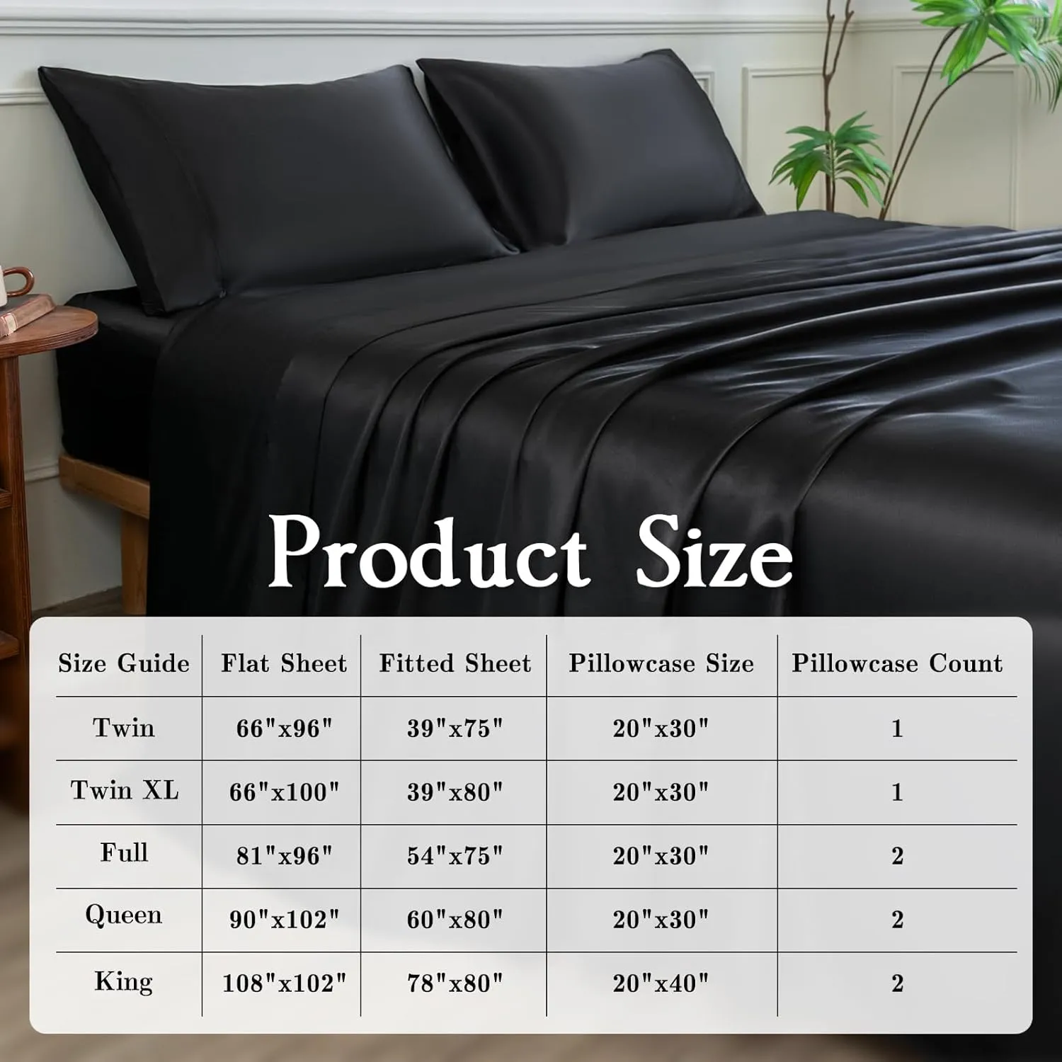 Satin Sheets Set,Soft Satin Bed Sheets King Size Set,4Pcs Luxury Silky Bedding Set with 15 Inches Deep Pocket for Mattress(King, Black)