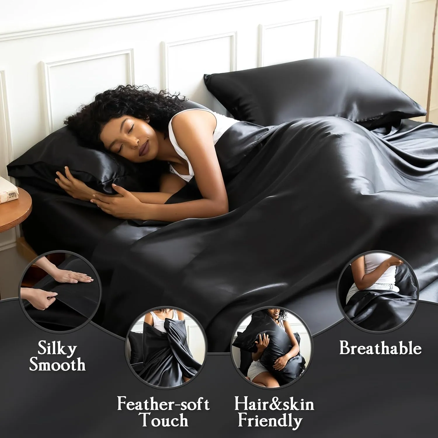 Satin Sheets Set,Soft Satin Bed Sheets King Size Set,4Pcs Luxury Silky Bedding Set with 15 Inches Deep Pocket for Mattress(King, Black)