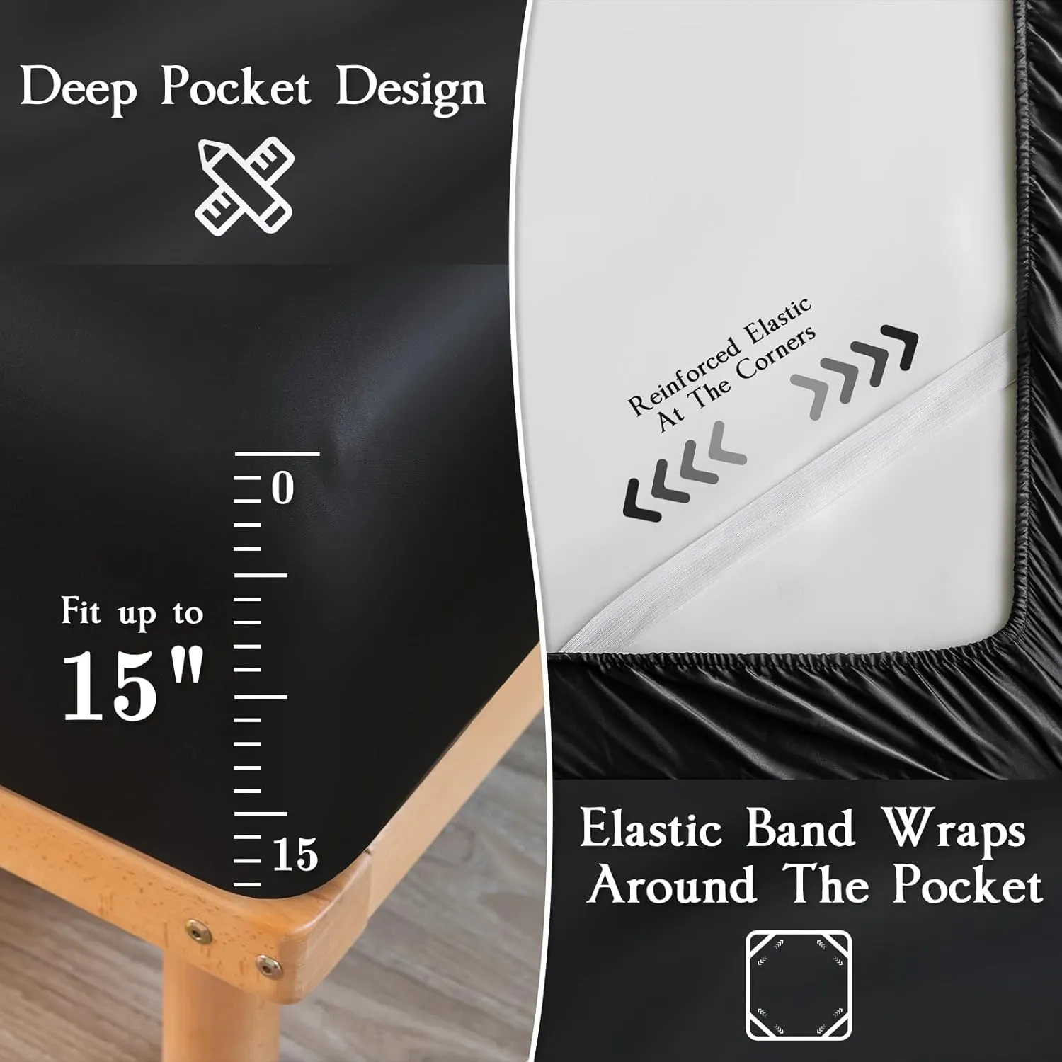 Satin Sheets Set,Soft Satin Bed Sheets King Size Set,4Pcs Luxury Silky Bedding Set with 15 Inches Deep Pocket for Mattress(King, Black)