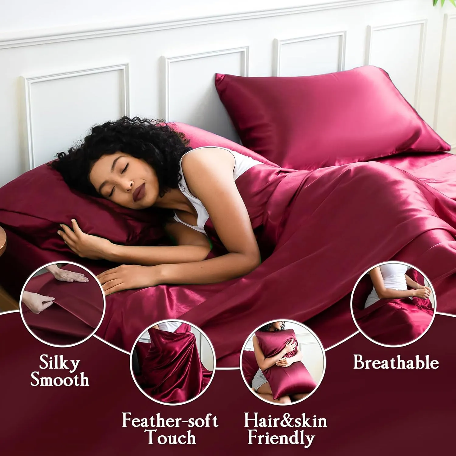 Satin Sheets Set,Soft Satin Bed Sheets King Size Set,4Pcs Luxury Silky Bedding Set with 15 Inches Deep Pocket for Mattress(King, Burgundy)