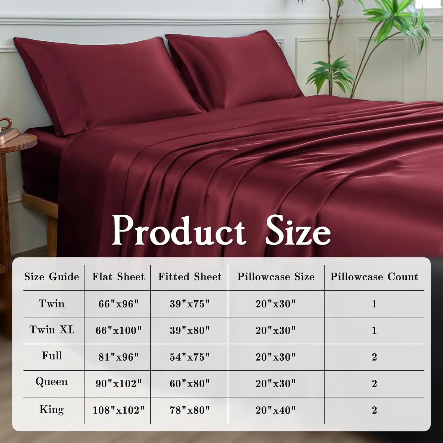Satin Sheets Set,Soft Satin Bed Sheets King Size Set,4Pcs Luxury Silky Bedding Set with 15 Inches Deep Pocket for Mattress(King, Burgundy)