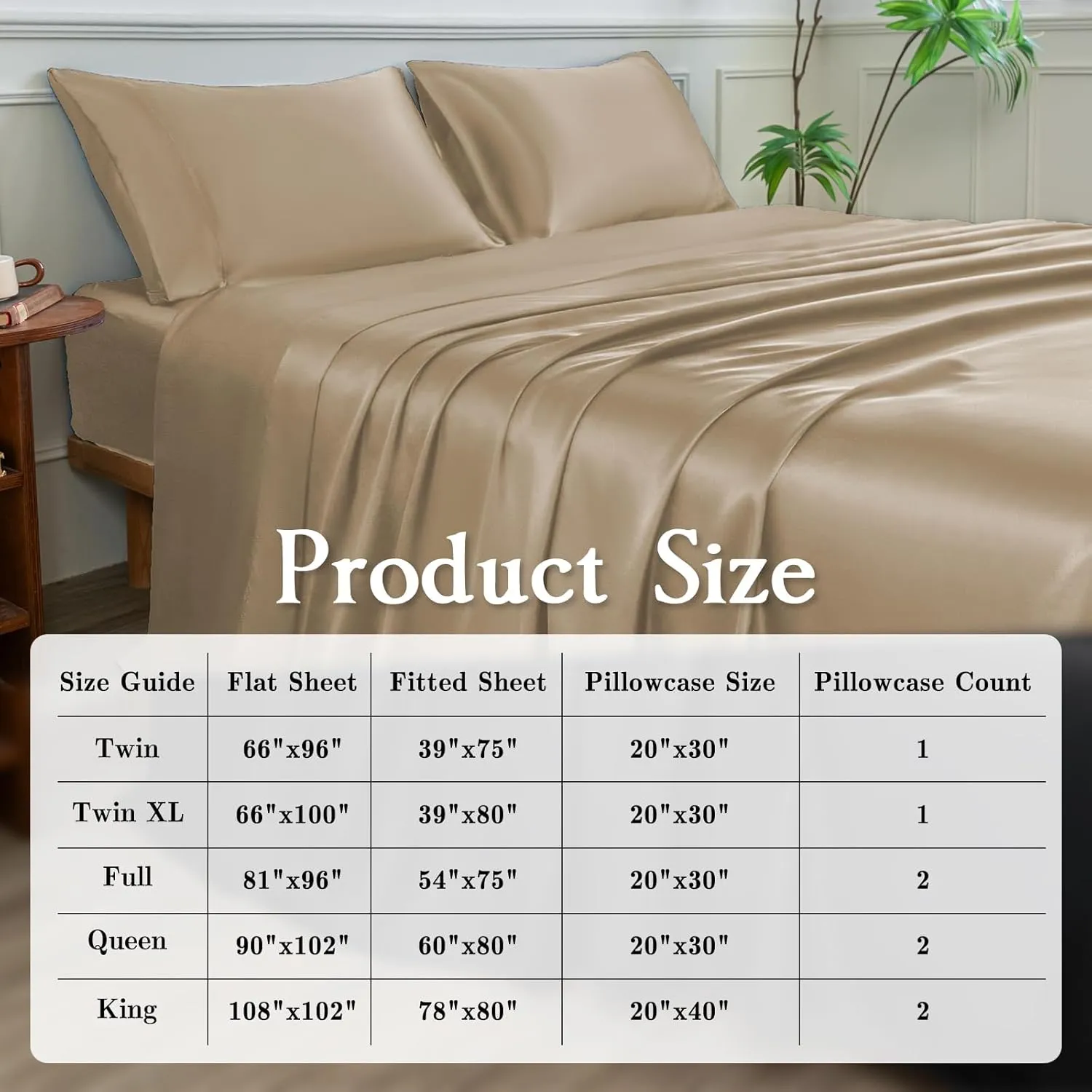 Satin Sheets Set,Soft Satin Bed Sheets King Size Set,4Pcs Luxury Silky Bedding Set with 15 Inches Deep Pocket for Mattress(King, Champagne)