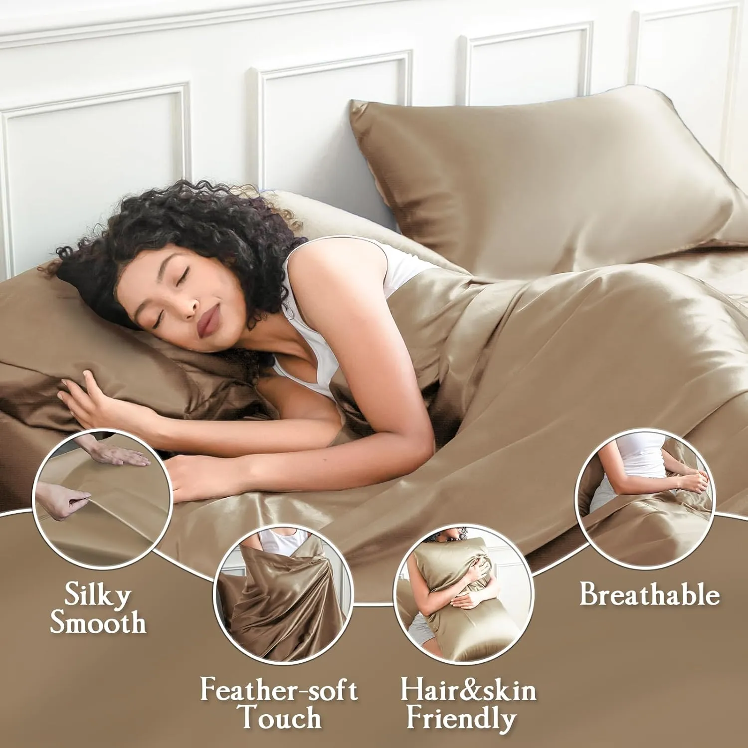 Satin Sheets Set,Soft Satin Bed Sheets King Size Set,4Pcs Luxury Silky Bedding Set with 15 Inches Deep Pocket for Mattress(King, Champagne)