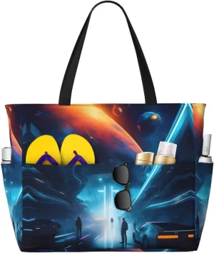 Science Fiction Future Large Capacity Beach Travel Bag, Foldable Beach Bag with Zipper, Great for Grocery Bag Pool Gym Travel Shopping