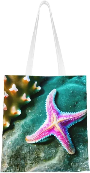 Sea Starfish Print Canvas Tote Bag Reusable Shoulder Shopping Bags For Daily Use Shopping Travel