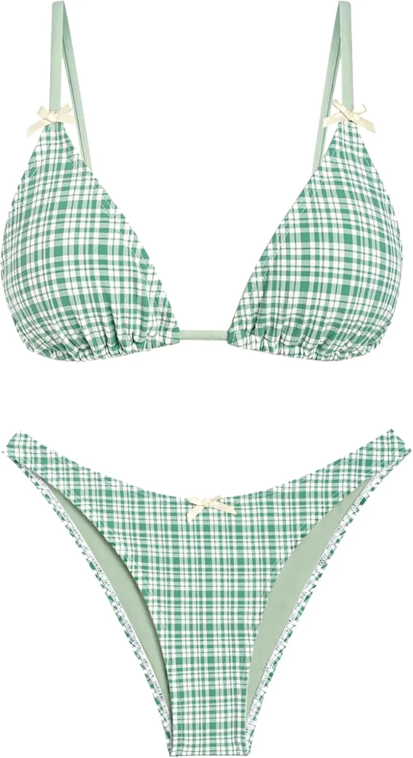 seamoly Women's Bikini Sets Tie Back Bowknot Two Piece Swimsuits Triangle Thong Bathing Suit Gingham Floral Cherry Printing