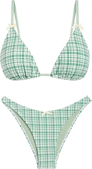 seamoly Women's Bikini Sets Tie Back Bowknot Two Piece Swimsuits Triangle Thong Bathing Suit Gingham Floral Cherry Printing